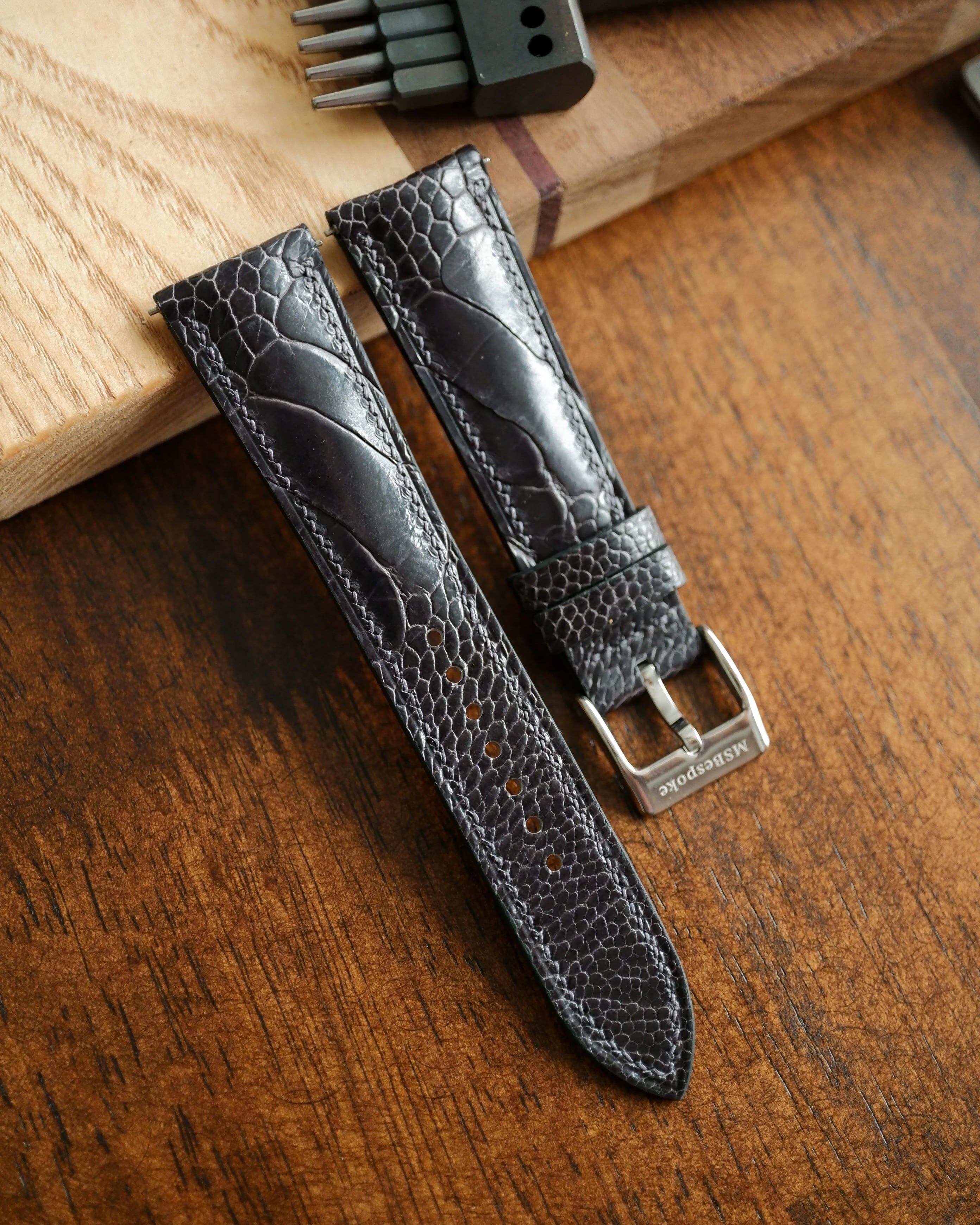 Ostrich Leg Dark Grey Leather Watch Strap
