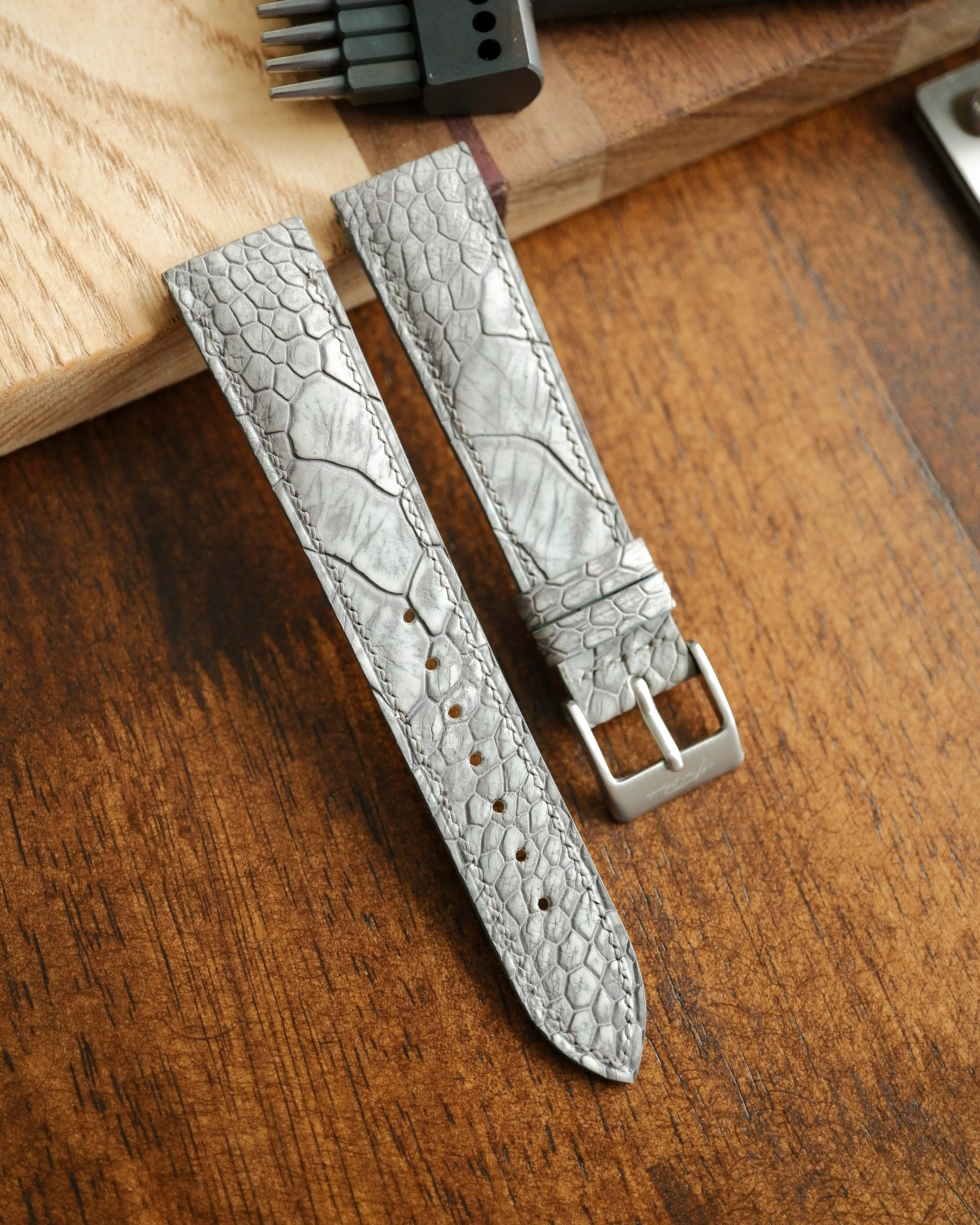 Ready Made - Stoned Grey Ostrich Leg Leather Watch Strap for Cartier Santos Dumont